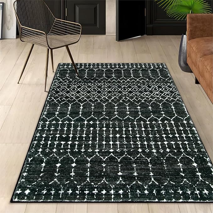 Lahome Moroccan Black Area Rug for Living Room 3x5 Non-Slip Washable Stain Resistant Large Kitchen Rugs Throw Low-Profile Soft Bedroom Carpet Geometric Print Rug for Entryway Dining Room Hana