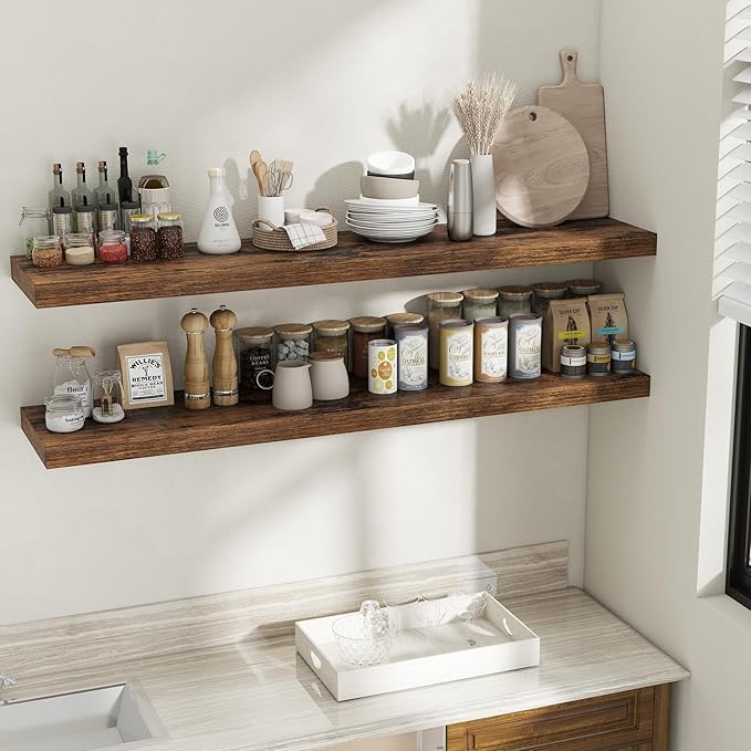 Fun Memories 12 Inch Deep Floating Shelves, 60 Inch Long Extra Large Floating Shelves for Home & Office, Wall Shelves with Invisible Bracket, Rustic Brown, Set of 2