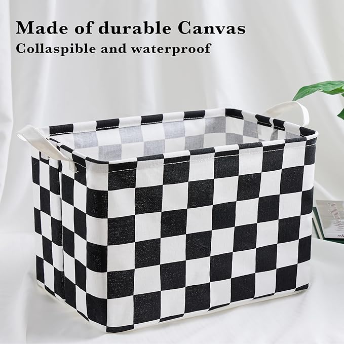 Ohocut Black White Checkered Canvas Basket, Rectangular Organizing Decorative Storage Basket for Kids Dog Toy, Cute Aesthetic Race Cars Boy Room Decor for Home, Kitchen, Bedroom, Classroom, Shelves