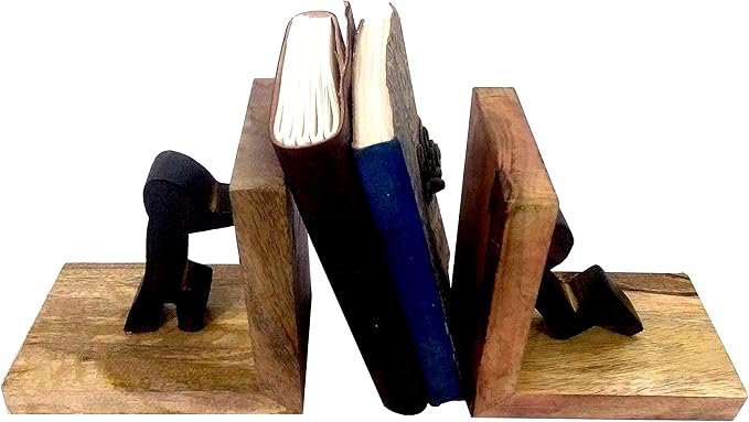Purpledip Wooden Bookends Stand Holder Bookshelf Organizer 'Teamwork': Unique Decor Gift for Book Lovers (11963)