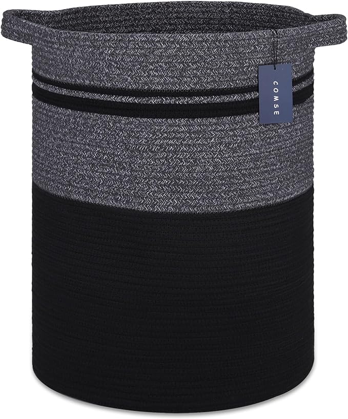 COMSE Extra Large Blanket Basket, Tall Laundry Basket, Nursery Hamper, 15.7”x 21.7”, Cotton Rope Woven Laundry Hamper for Storage Toys Clothes Towels, Black