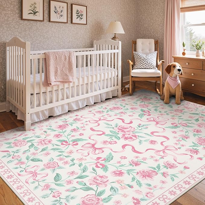 GENIMO 5X7 Washable Vintage Area Rugs for Living Room, Non-Slip Low Pile Chenille Print Rug, Soft Rugs for Bedroom Dining Room Home Office, Pastel Pink