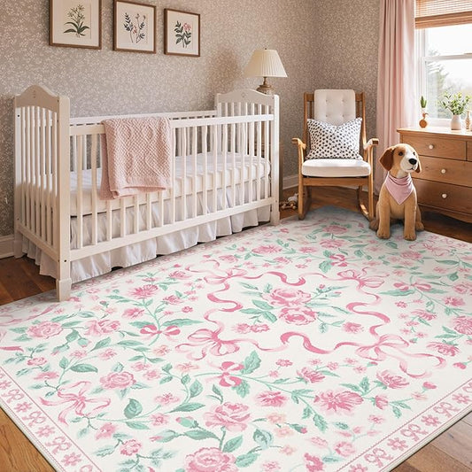 GENIMO 6X9 Washable Vintage Area Rugs for Living Room, Non-Slip Low Pile Chenille Print Rug, Soft Rugs for Bedroom Dining Room Home Office, Pastel Pink