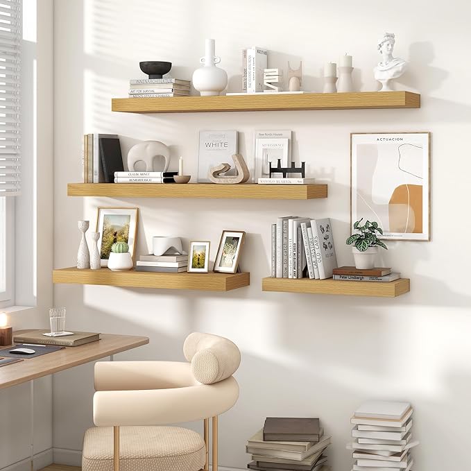 Heimlove Floating Shelves for Wall 48 Inch Long,Extra Large and Thick Wood Shelves Mounted Storage Hanging Shelf Invisible Bracket for Bedroom,Living Room,Kitchen,Office,Set of 2,Oak