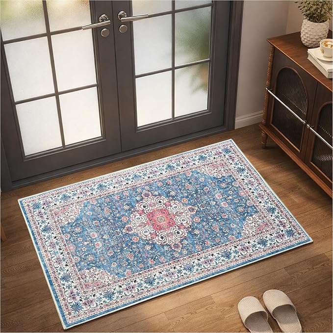 Goideal Washable Rug 2x3, Vintage Area Rugs Non Slip, Indoor Low Pile Carpet with Rubber Backing for Kitchen Bathroom Entryway Office Bedroom,Blue & Hot Pink