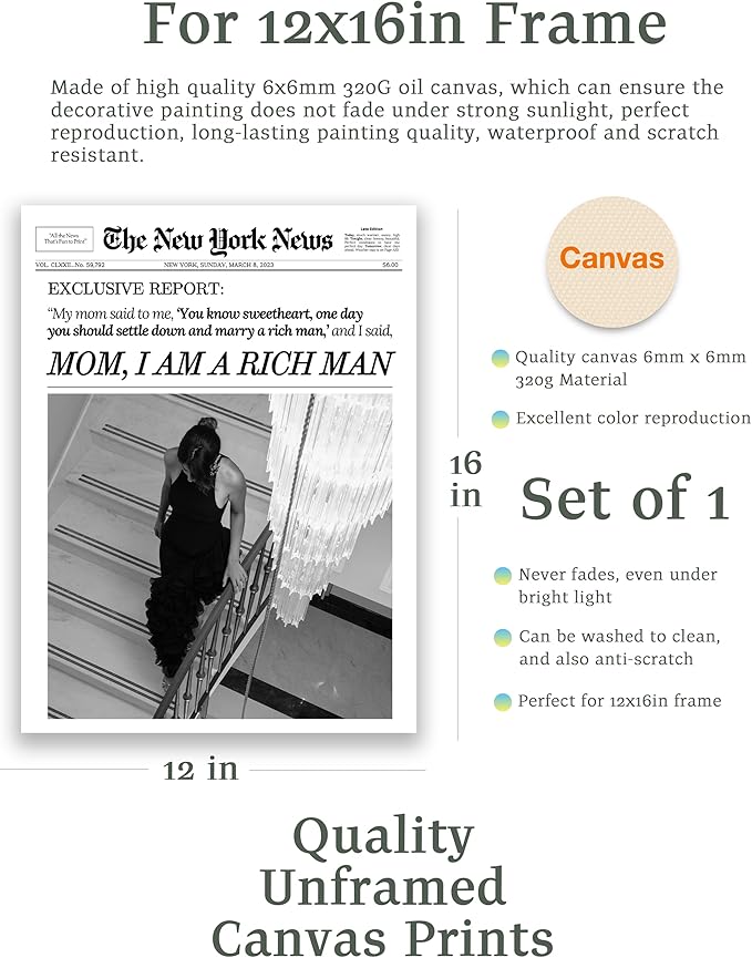 EcoHest Unframed Trendy Newspaper Wall Art, 12x16 in OAK Wood Mom I Am a Rich Man Canvas Art, Magazine Girly Poster College Dorm Decor, Beige Logs Set of 1 for Bedroom Living Room