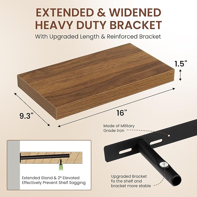 Dreamland 16 Inches Floating Shelves for Wall, 9.3" Deep Long Floating Shelves Set of 2, Large Display & Storage Shelf, Wall Shelf for Bathroom Bedroom Living Room Kitchen Office, Walnut