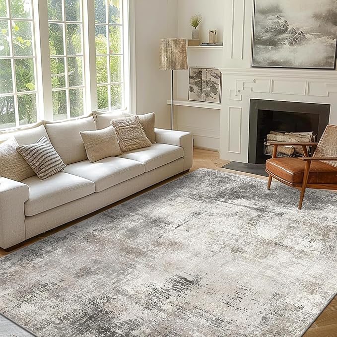 GENIMO 8x10 Area Rugs for Living Room, Machine Washable Non Slip Rugs, Low Pile Lightweight Modern Distressed Print Rug for Bedroom, Dining Room, Home Office, Abstract Grey