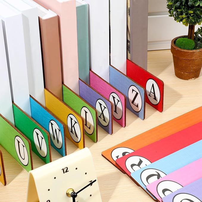 26 Pcs Library Alphabet Book Dividers Wooden Vinyl Record Organizer Separators 26 Alphabetical A-z Dividers Bookshelf Markers for Shelves Cds, Albums, Books(Colorful)