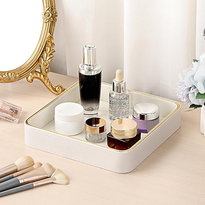 Hipiwe Perfume Tray Valet Tray Night Stand Bedside Organizer Perfume Organizer Catchall Trays PU Leather Bathroom Vanity Tray for Dresser Countertop Perfume Holder Women