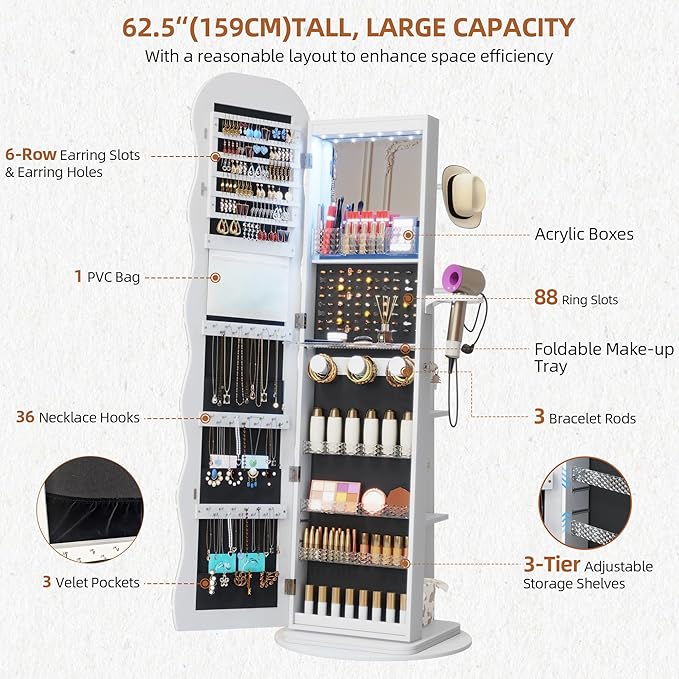 Vlsrka LED Mirror Jewelry Cabinet Standing, 360° Swivel Jewelry Aromire Organizer with Wavy Mirror, Lockable Jewelry Mirror with Storage, Jewelry Cabinet, Interior Mirror, Flodable Shelf, (LED White)