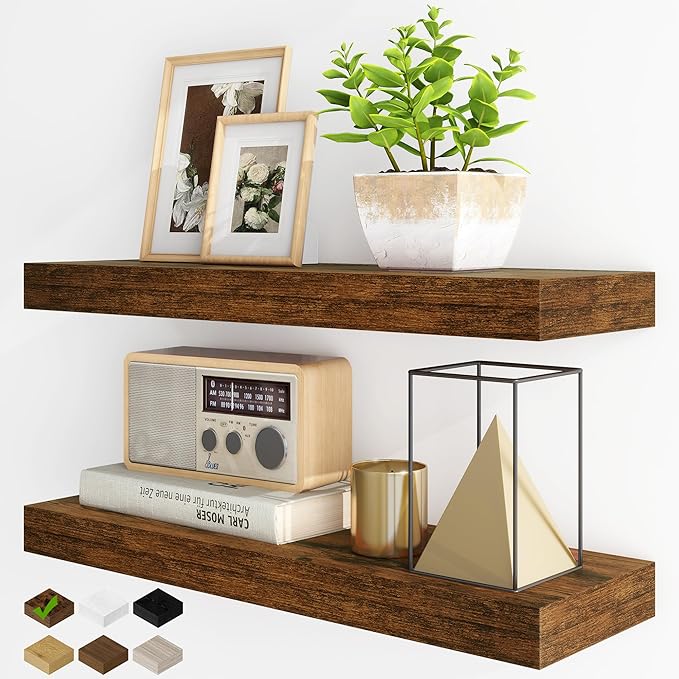 Fun Memories Floating Shelves for Wall, 24Inch Floating Shelves Set of 2, Hanging Shelf with Invisible Brackets, Wood Shelves for Living Room, Bedroom, Kitchen, Brown