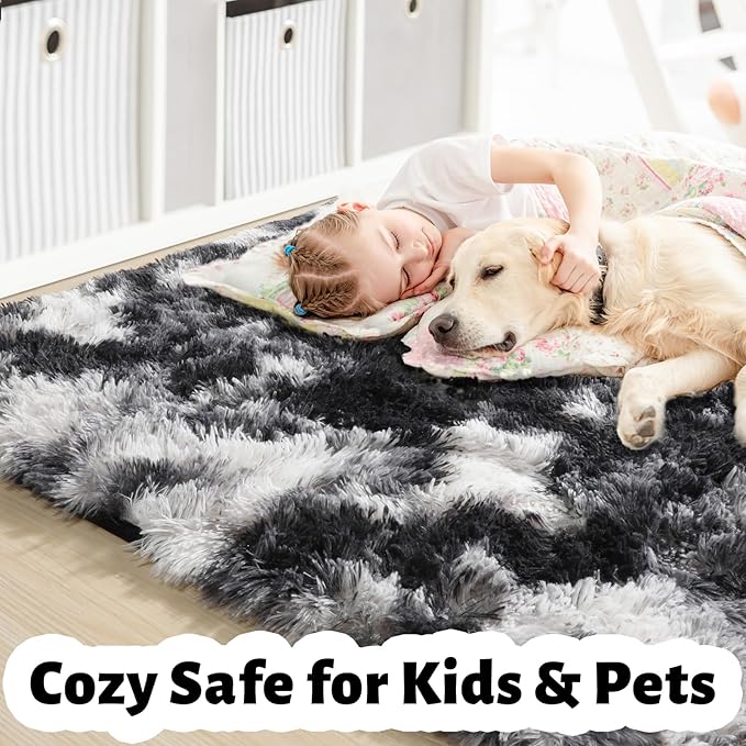 Amdrebio Black White Grey Area Rugs for Living Room, 5x8 Soft Fluffy Rugs for Bedroom, Furry Plush Rug for Kids Room, Modern Large Shaggy Rug for Men, Boy, Aesthetic Cool Floor Carpet for Dorm