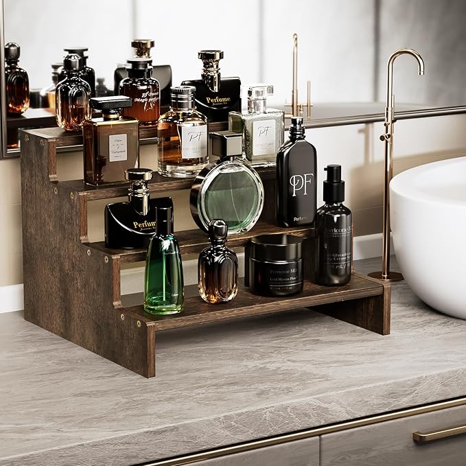 ProCase Wooden Cologne Organizer for Men, 4 Tier Perfume Organizer, Mens Cologne Stand Holder Storage, Display Riser Shelf Rack for Fragrances Candles Cosmetics Cupcake Figure Spice -Brown