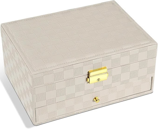 GUOER Jewelry Box for Women Girl Wife - Large PU Leather Jewelry Organizer Storage Case with Two Layers Display for Earrings Bracelets Rings Watches (Light Khaki)