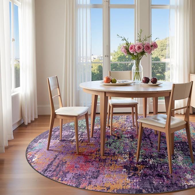 RELEANY Washable Area Rugs 6ft Non-Slip Modern Abstract Soft for Living Room Entryway Bedroom Nursery, Print Pattern, Purple Orange Blue Green Rust Red Colorful