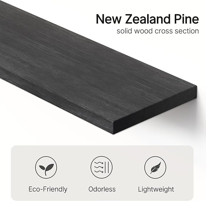 Vailando Floating Shelves for Wall, Set of 3 Solid Wood Wall Mounted Shelves, 16" Black Display Shelf for Bedroom, Living Room, Bathroom, and Kitchen Decor - Heavy-Duty & Natural Pine