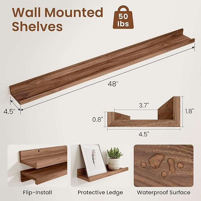 Heimlove Picture Ledge Shelf,48 inch Long Floating Shelves for Wall Set of 2,Picture Shelf with Lip for Wall Decor,Living Room,Bedroom,Bookshelf,Nursery,Perfume,Walnut Color