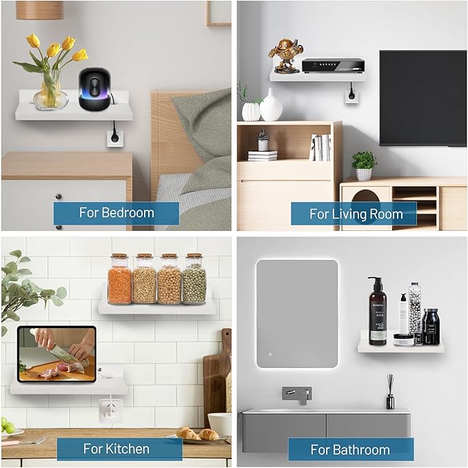 Small Floating Shelf for Wall,9X5 Inch Wall Mounted Shelf with Cord Hole,Small Display Shelves for Cameras, Webcam, Router,Smart Speaker,Action Figures-2 Pcs(White