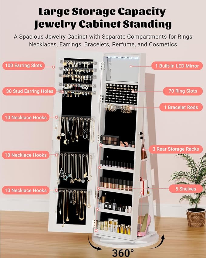 6 LEDs Jewelry Cabinet Standing Lockable with Rotatable Full-Length Mirror, 360° Swivel Jewelry Armoire with Jewelry Storage, 3 Rear Shelves, Jewelry Organizer for Best Gift, White