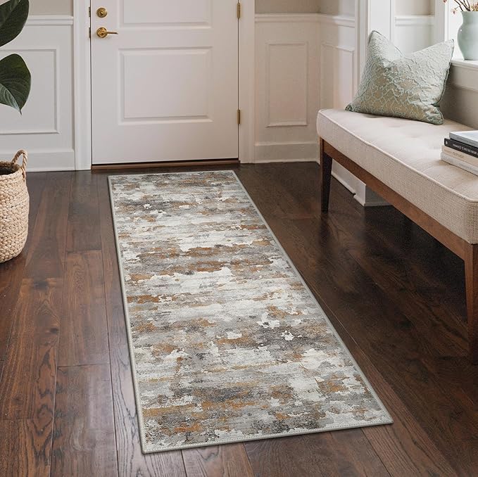 GENIMO Washable Rugs 2x8 Runner Rugs for Hallway Kitchen, Modern Lightweight Rug Ultra Soft Indoor Runner Rugs for Entryway, Low Pile Carpet with Non Slip Backing, Grey Brown Beige