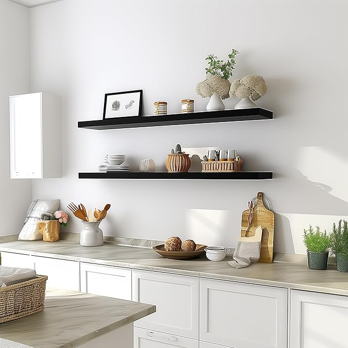GXYAWPJ 48 Inch Floating Shelves for Wall Rustic Black Wood Wall Shelves for Bedroom Set of 4