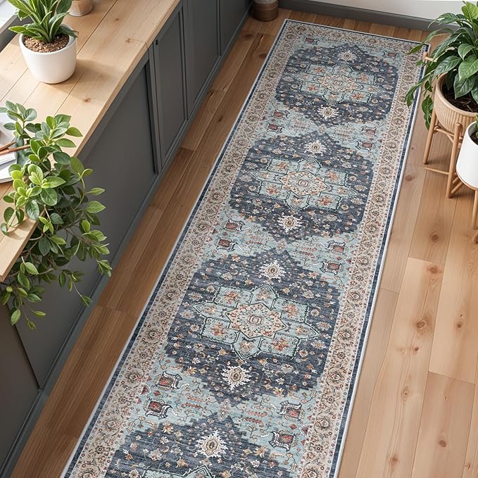 Washable Oriental Hallway Runner Rug - 3x16 Rugs for Living Room Soft Carpet for Bedroom Kitchen Waterproof Floral Distressed Indoor Stain Resistant Non-Shedding Floor Carpets (Blue/Teal/Orange, 3X16)