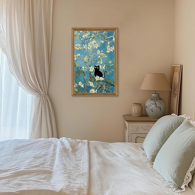 Fantasy Artists Van Gogh's Almond Blossom Funny Black Cat Canvas Wall Art, Oil Painting Posters Home Decor, Vintage Abstract Aesthetic Wall Decorations for Living Room Bedroom, 20'' x 30''