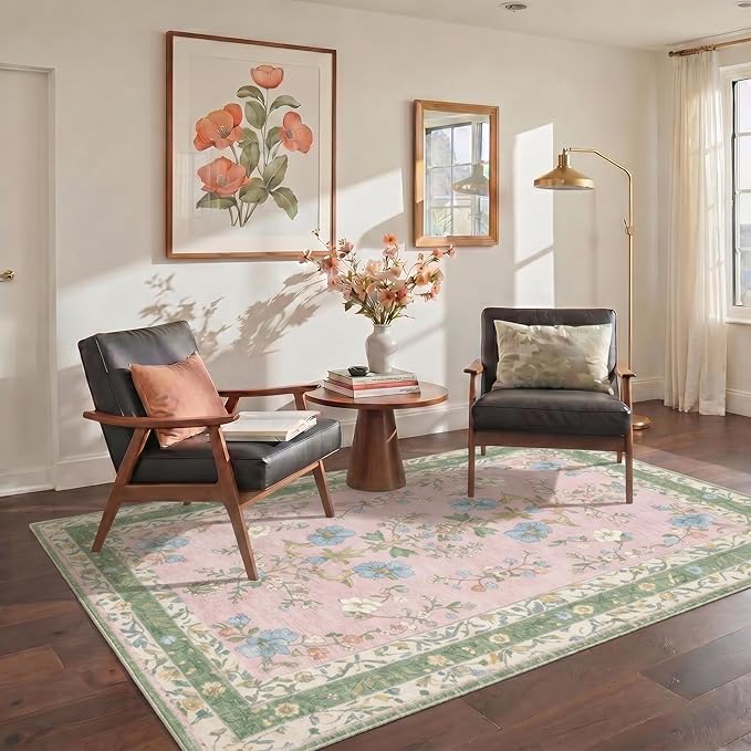GENIMO 5x7 Area Rugs for Living Room, Machine Washable Non Slip Vintage Rugs, Low Pile Lightweight Chenille Print Rug for Bedroom, Dining Room, Home Office, Light Green Pink