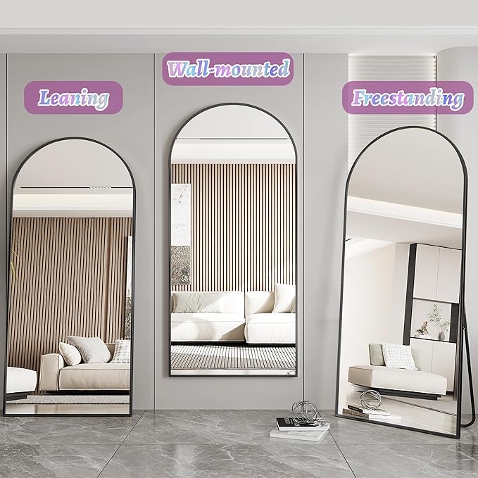 Full Length Mirror, 71"x28" Arched Floor Mirror Freestanding, Floor Standing Full Body Mirror with Stand for Bedroom, Hanging Mounted for Living Room Cloakroom, Black