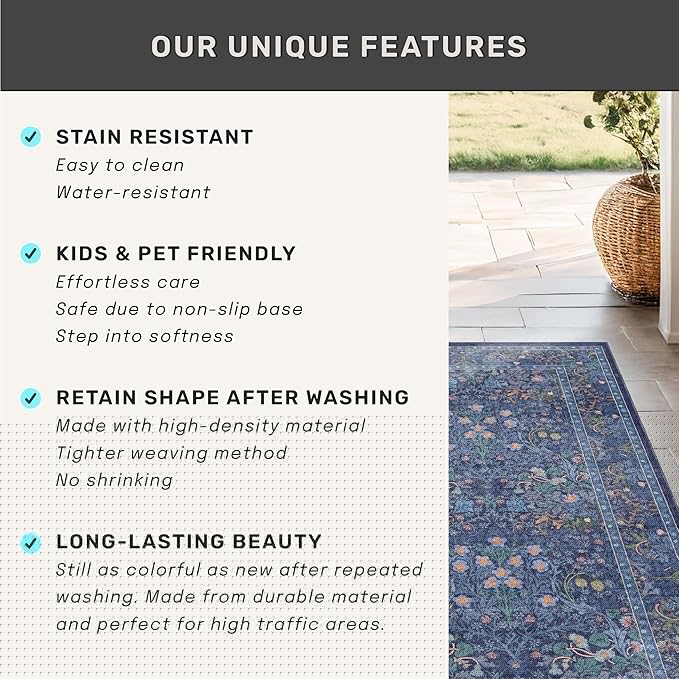 Washable Dark Blue Rug for Living Room - 10x12 Large Area Rug for Dining Room Under Table, Bedroom, Soft Low Pile Non-Slip Stain Resistant Carpet - Vintage Navy Floral Design