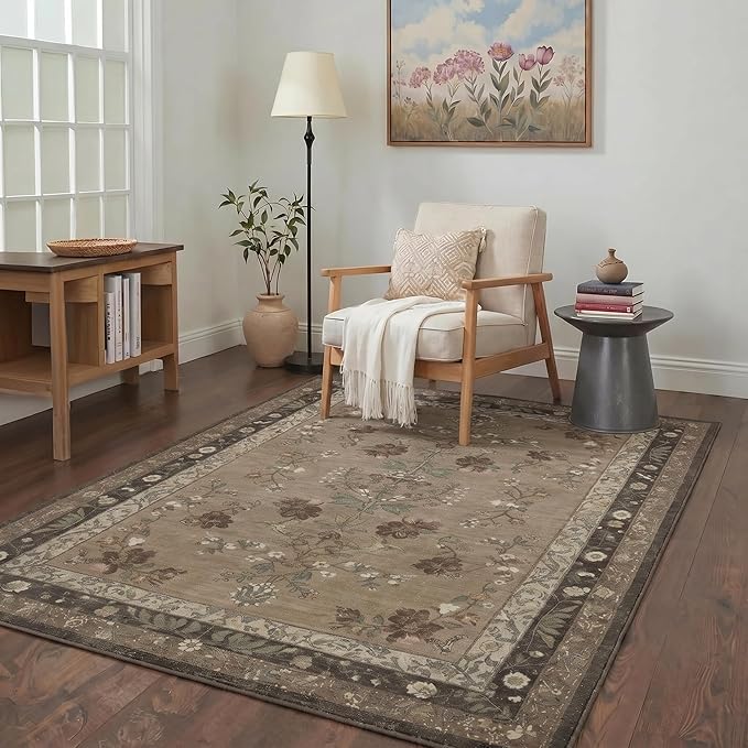 GENIMO 5x7 Area Rugs for Living Room, Machine Washable Non Slip Vintage Rugs, Low Pile Lightweight Chenille Print Rug for Bedroom, Dining Room, Home Office, Dusty Brown