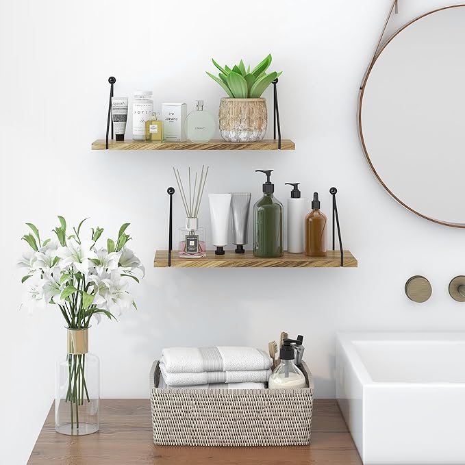 Sapowerntus Floating Shelves Wall Mounted Shelf Rustic Light Wood Bathroom Bedroom Kitchen Hanging Storage Organizer with Triangle Metal Brackets Farmhouse Living Room Office Home Decor Set of 2