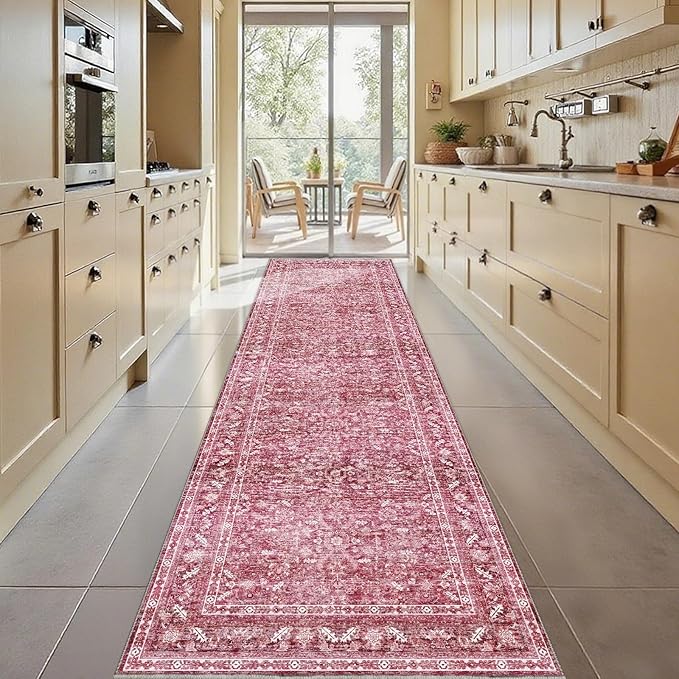 OPPODREAM Vintage Hot Pink 3x10 Runner Rug, 3 x 10 Retro Washable Rug Non Slip, Low-Pile Faux Wool Carpet, Distressed Floor Mat for Kitchen, Hallway, Entry-Way, Entrance, Indoor Back Door