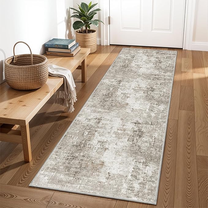 2x8 Washable Non-Slip Hallway Runner Rug – Modern Abstract Soft Carpet for Kitchen, Bedroom with Rubber Backing – Low-Pile Thin Stain-Resistant Rug for Bathroom,Laundry Room,Entryway（Beige Grey）