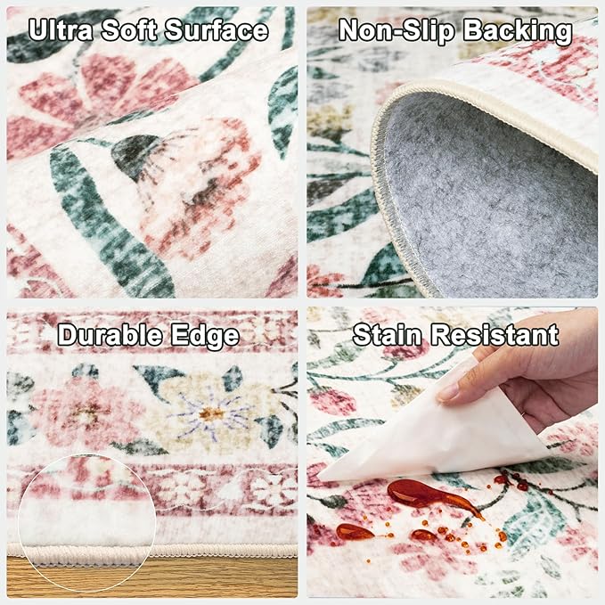 Area Rug Living Room Rugs: Floral 5x7 Washable Rug Vintage Soft Boho Non-Slip Carpet Indoor Stain Resistant Large Carpets for Bedroom Dining Room Farmhouse Nursery Hallway Home Office Pink Green