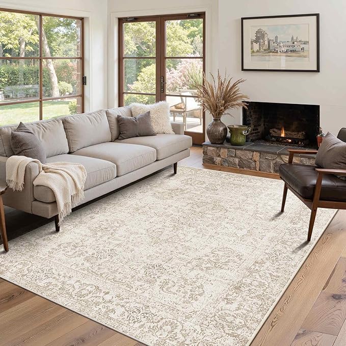 Rugxara 5X7 Washable Area Rug for Living Room, Vintage Neutral Large Boho Rugs for Office, Dining Room, Kids Room, Farmhouse, Durable Low Pile Non Slip Carpet for High Traffic Areas, Light Bown