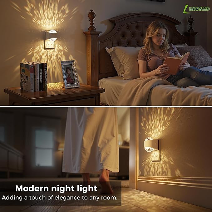 L LOHAS LED Projector Night Light, 2Pack Night Lights Plug into Wall with Dusk to Dawn Sensor,3000K Soft White Projector Nightlight for Kids Playroom Home Theater Party