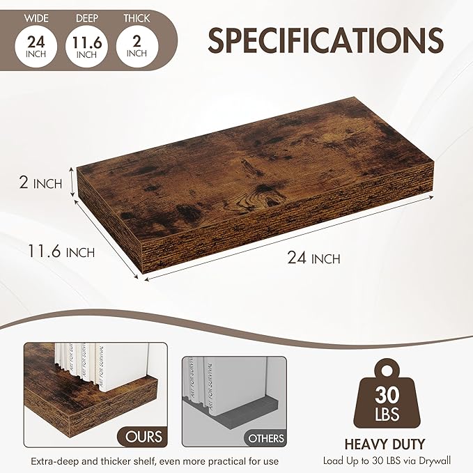 Acovy 24 Inch Floating Shelves, 12" Deep Floating Shelf Wall Mounted, 24" Wall Shelves, Rustic Deep Bookshelf, Extra Deeper & Thicker Display Shelves for Bedroom, Living Room, Brown, Set of 2