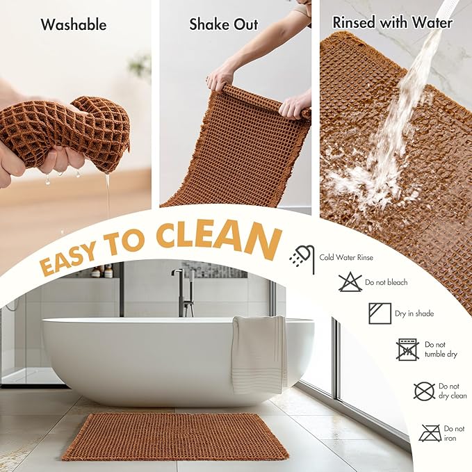 MIULEE Set of 2 Waffle Bathroom Rugs, Fall Boho Bath Rugs Non Slip Washable, Super Absorbent Bath Mats, Ultra Soft Rubber Backed Shower Mats for Bathroom Floor, Tub and Shower, Terracotta, 24x36 Inch