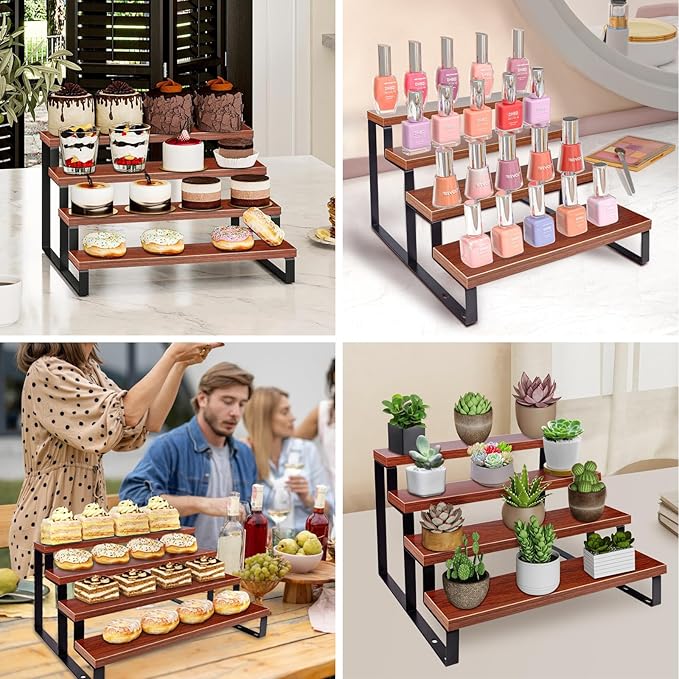 Wood Cologne Organizer for Men (Walnut Color),4 Tier Perfume Stand for Dresser Waterproof Cologne Stand with Anti-Slip pads for Party,Makeup,Figures,Cupcake,Perfume,Display Risers Stand Organizer