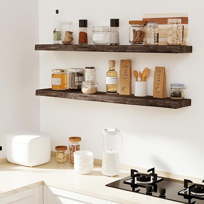 Vivelove Live Edge Floating Shelves for Wall Solid Elm Wood, Rustic Farmhouse Wall Shelf with Invisible Bracket for Living Room Bedroom Bathroom Office Book, 32 Inches - Set of 2 - Dark Walnut