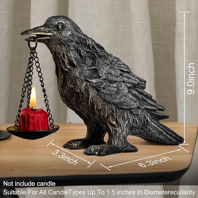 Gothic Crow Lamp with Tealight Candle Holder Resin Raven Decor Statue Gothic Home Decor for Bedroom Unique Goth Gifts Half Silver 2P