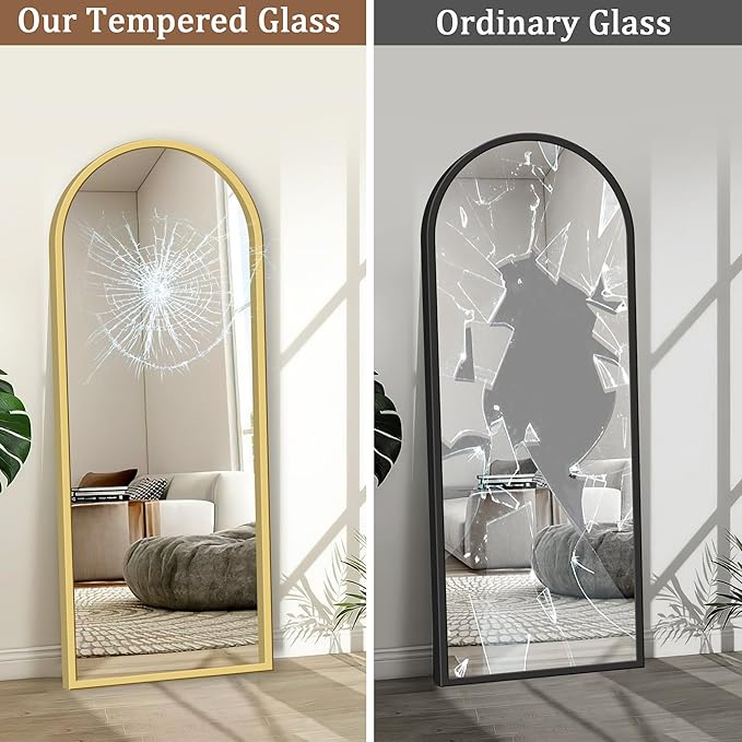 GlasFlength 56" x 18" Full Length Mirror with Stand, Arched Aluminum Alloy Frame, Versatile Standing, Hanging, or Leaning Wall/Floor Mirror for Bedroom, Living Room, or Entryway, Gold