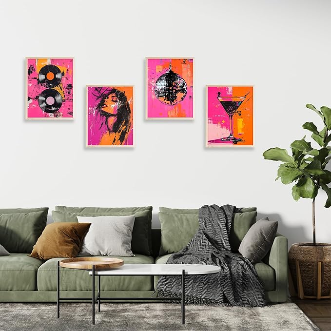 Eastern Print Disco Abstract Wall Art Set of 4, Retro Vinyl Record & Disco Ball Posters, Pink and Orange Wall Decor for Home and Kitchen, Record Wall Art, Abstract Poster, 8x10 Unframed