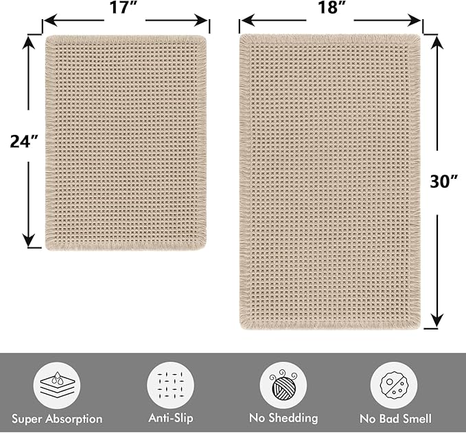 MIULEE Set of 2 Waffle Bathroom Rugs, Boho Bath Rugs Non Slip Washable, Super Absorbent Bath Mats, Ultra Soft Rubber Backed Shower Mats for Bathroom Floor, Tub, Pale Beige, 17"x24"+18"x30"