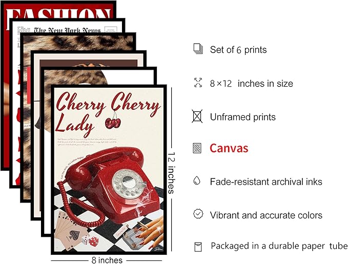 Y2K Room Decor Aesthetic, 6 Pcs Red Eclectic Wall Art Set, Funky Preppy Room Decor, 8 Ball & Lucky You Poster, Cheetah Leopard Print Canvas Wall Art, 8x12 Unframed Gallery Wall for Bedroom Dorm Apartment