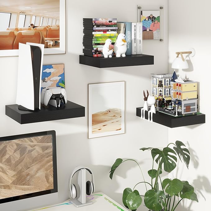 FLYJOE Deep Floating Shelves | 16 Inch Black Floating Shelves Set of 2 | 12 Inch Deep Black Wall Shelves | Deep Shelves for Living Room Bathroom Kitchen Bedroom