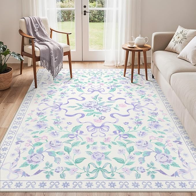 GENIMO 5X7 Washable Vintage Area Rugs for Living Room, Non-Slip Low Pile Chenille Print Rug, Soft Rugs for Bedroom Dining Room Home Office, Pastel Purple