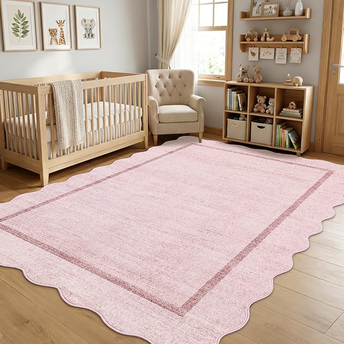 GarveeHome Scalloped Washable Area Rug 4x6 Small Entryway Rug Non Slip Modern Soft Accent Rugs for Bedroom Nursery Low Pile Stain Resistant Carpet for Grils Room Office, 4'x6'